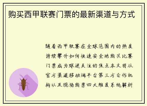 购买西甲联赛门票的最新渠道与方式